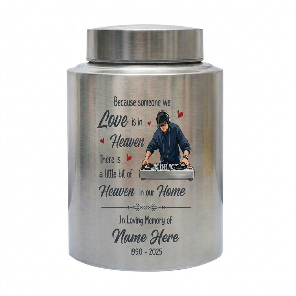 Personalized DJ Because Someone We Love Is In Heaven Stainless Steel Urn Sympathy Loss of Loved One Adult Ashes Bereavement 4 Color Large Memorial Keepsake Urn, Memorial Gift, In Loving Memory - Image 2