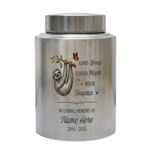 Personalized Sloth Urn Stainless Steel Animal Lover Tribute Adult Pet Ashes Always Loved Forever Missed Quote Decorative 2 Sizes Memorial Keepsake Urn, Memorial Gift, In Loving Memory - Image 2