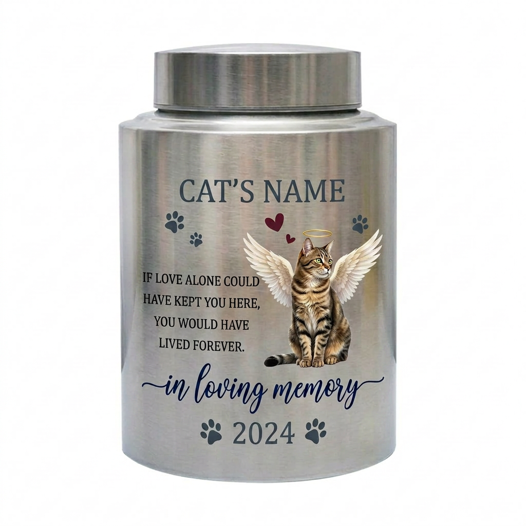 Personalized Angel Cat Silhouette Stainless Steel Pet Loss Bereavement Gift for Cat Mom Dad Custom Feline Remembrance Decor 5.9x3.9 or 7.5x5.1 in Memorial Keepsake Urn, Memorial Gift, In Loving Memory - Image 2