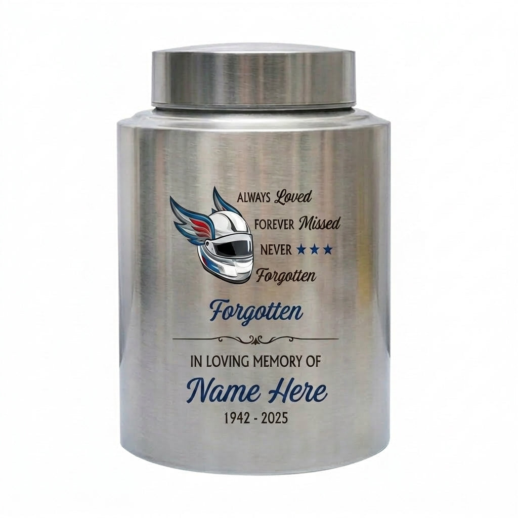 Personalized Racing Victory Stainless Steel Cremation Urn for Human Ashes Motorsports Fan Remembrance Bereavement Tribute 5.9x3.9 7.5x5.1 Memorial Keepsake Urn, Memorial Gift, In Loving Memory - Image 2