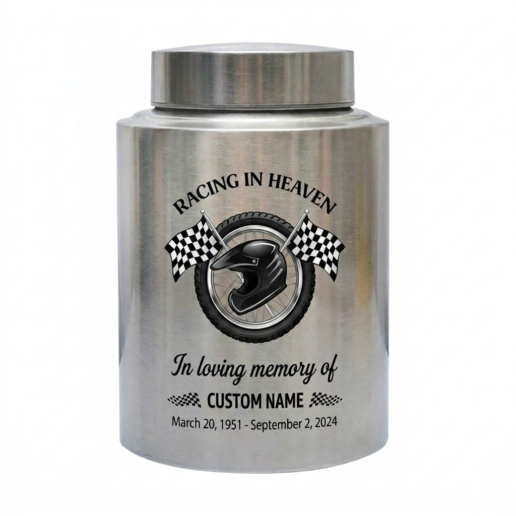 Personalized Racing Victory Checkered Flag Stainless Steel Urn for Human Ashes, Car Enthusiast Loss Grief Support, 2 Sizes, Memorial Keepsake Urn, Memorial Gift, In Loving Memory - Image 2
