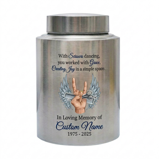 Personalized Master Barber Hair Stylist UV Printed Stainless Steel Cremation Urn for Ashes Custom Name Date Hairdresser Colleague Memorial Keepsake Urn, Memorial Gift, In Loving Memory - Image 2