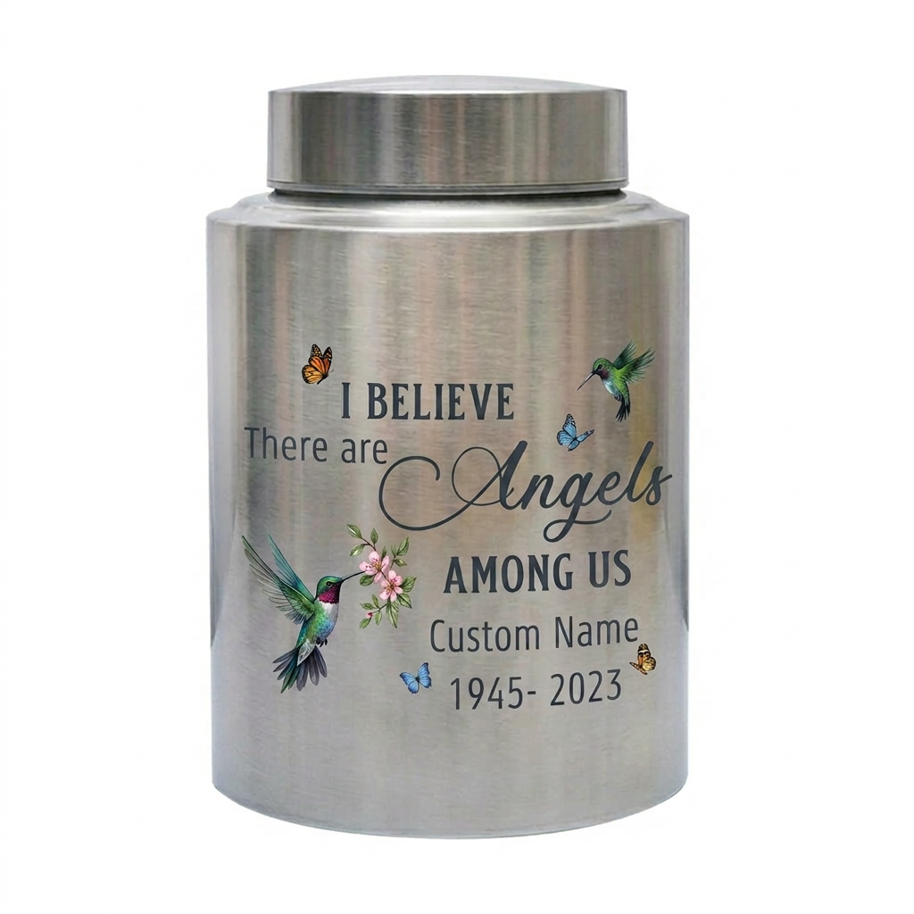 Personalized Hummingbird Angels Among Us Stainless Steel Cremation Urn for Human Ashes, Sympathy Bereavement Keepsake for Loss of Loved One, Memorial Keepsake Urn, Memorial Gift, In Loving Memory - Image 2