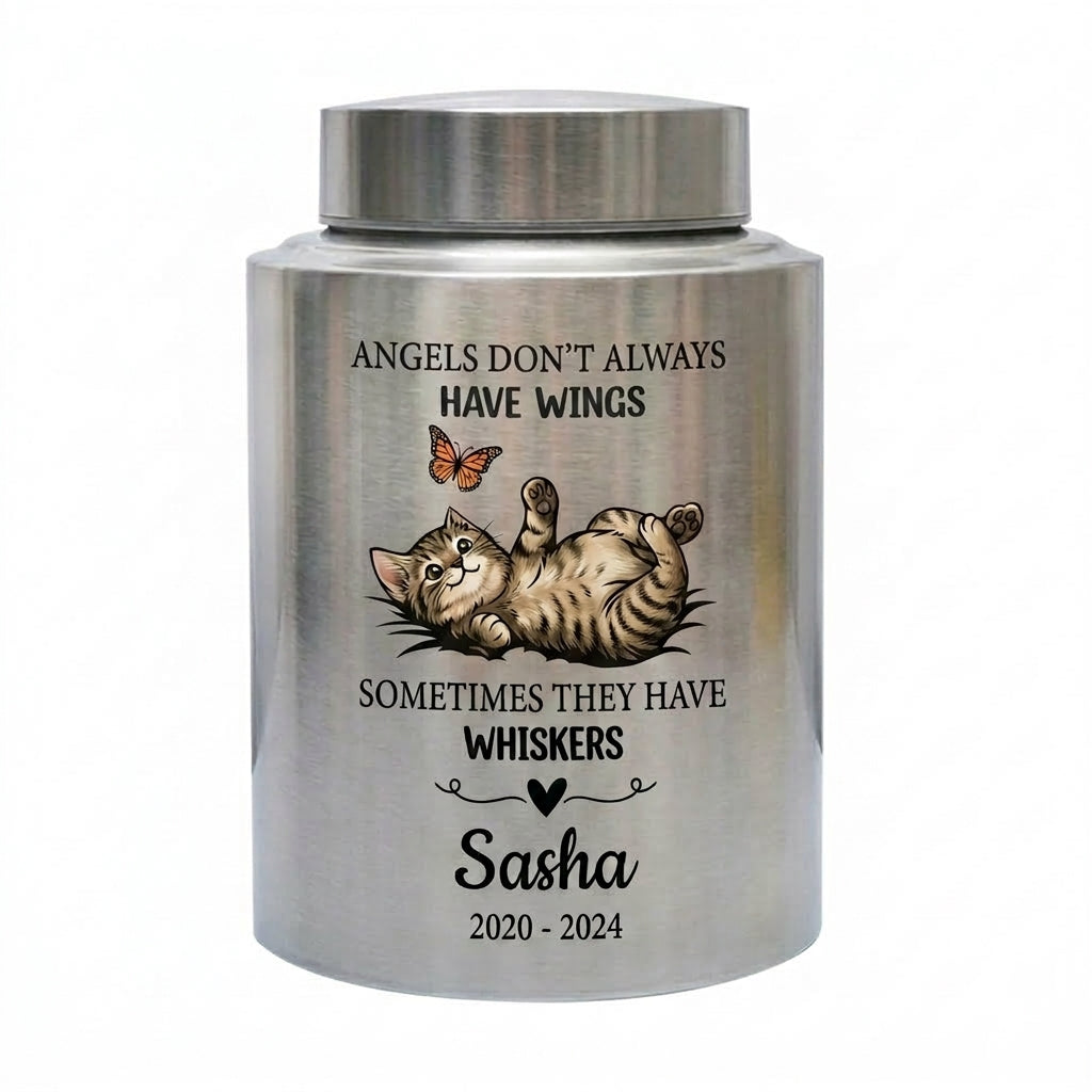 Personalized Pet Cat Angels Don't Always Have Wings Sometimes They Have Whiskers Stainless Steel UV Printed Urn 4 Colors Small Large Memorial Keepsake Urn, Memorial Gift, In Loving Memory - Image 2