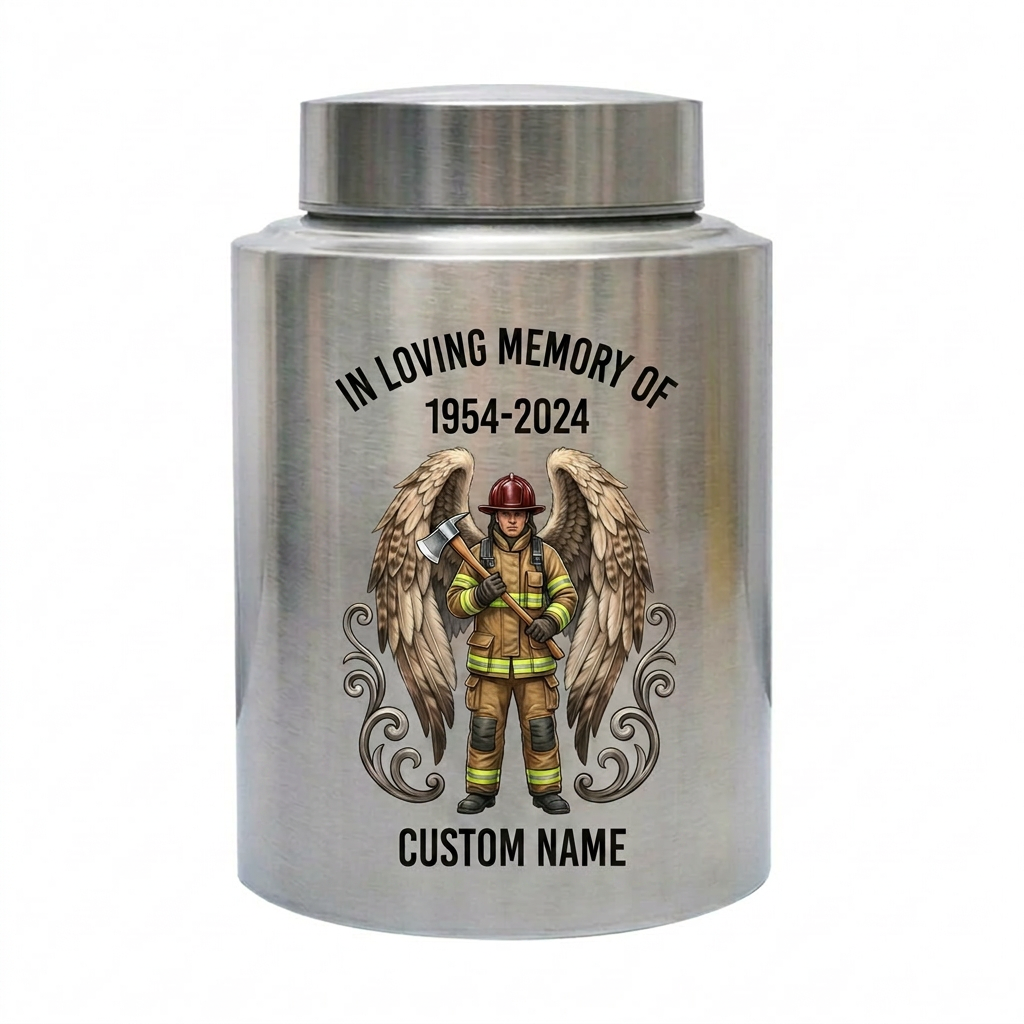 Personalized Firefighter Urn for Human Ashes, Custom Name Date Fireman Angel Wings Cremation Jar, Decorative Stainless Steel Loss Tribute, Memorial Keepsake Urn, Memorial Gift, In Loving Memory - Image 2