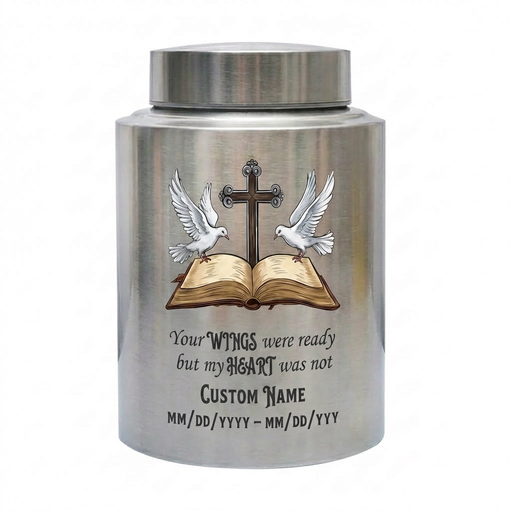 Personalized Christian Doves Jesus Cross Stainless Steel Urn, Your Wings Were Ready But My Heart Was Not for Mom Sister Adult Women Ashes, Memorial Keepsake Urn, Memorial Gift, In Loving Memory - Image 2