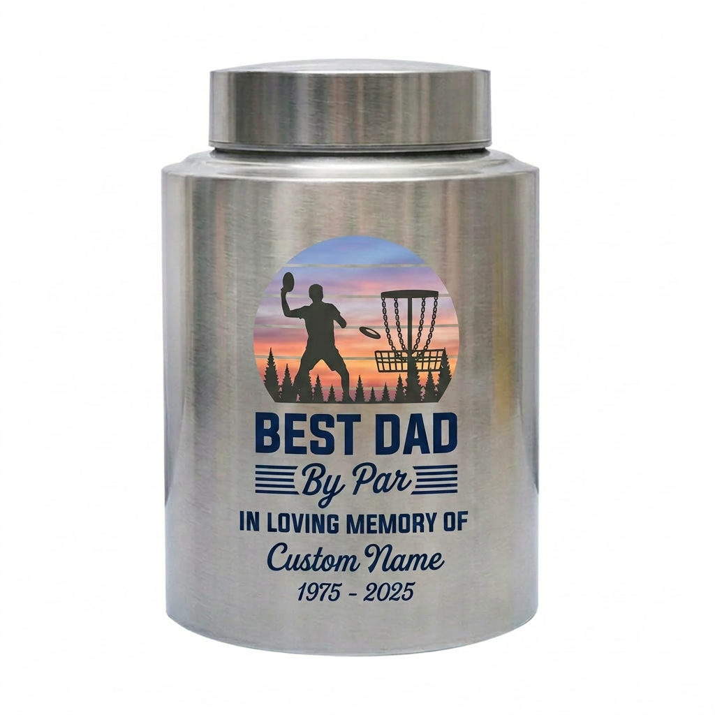 Personalized Disc Golf Dad By Par Sunset UV Printed Stainless Steel Cremation Vessel for Father Loss Sympathy Adult Ashes Small Large Sizes Memorial Keepsake Urn, Memorial Gift, In Loving Memory - Image 2