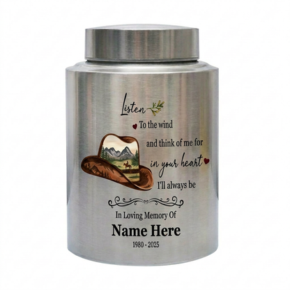 Personalized Cowboy Hat and Boots Western UV Printed Stainless Steel Cremation Urn for Adult Human Ashes Funeral Sympathy Bereavement Small Large Memorial Keepsake Urn, Memorial Gift, In Loving Memory - Image 2