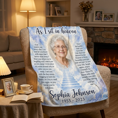Personalized As I Sit In Heaven Memorial Photo Fleece Blanket - Sympathy Gift For Mom Grandma - Image 2