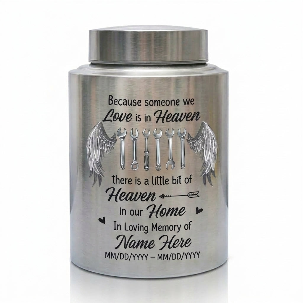 Personalized Mechanic Man Stainless Steel Urn Because Someone We Love Is In Heaven For Dad Father Husband, Small And Large Sizes, Memorial Keepsake Urn, Memorial Gift, In Loving Memory - Image 2