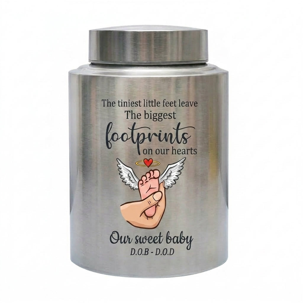 Personalized Baby Footprints Infant Loss Stainless Steel Urn, Child Bereavement Keepsake Custom Dates, Two Sizes 5.9x3.9 7.5x5.1, Memorial Keepsake Urn, Memorial Gift, In Loving Memory - Image 2