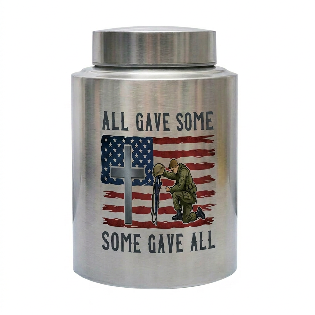 All Gave Some Veteran Kneeling Soldier American Flag Cross Stainless Steel Ash Container Military Army Navy Sympathy Bereavement Memorial Keepsake Urn, Memorial Gift, In Loving Memory - Image 2