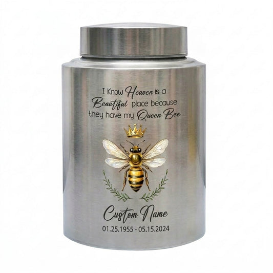 Personalized Queen Bee Heaven is a Beautiful Place Stainless Steel Urn for Adult Female Ashes Mother Grandmother Bee Lover 4 Colors Memorial Keepsake Urn, Memorial Gift, In Loving Memory - Image 2