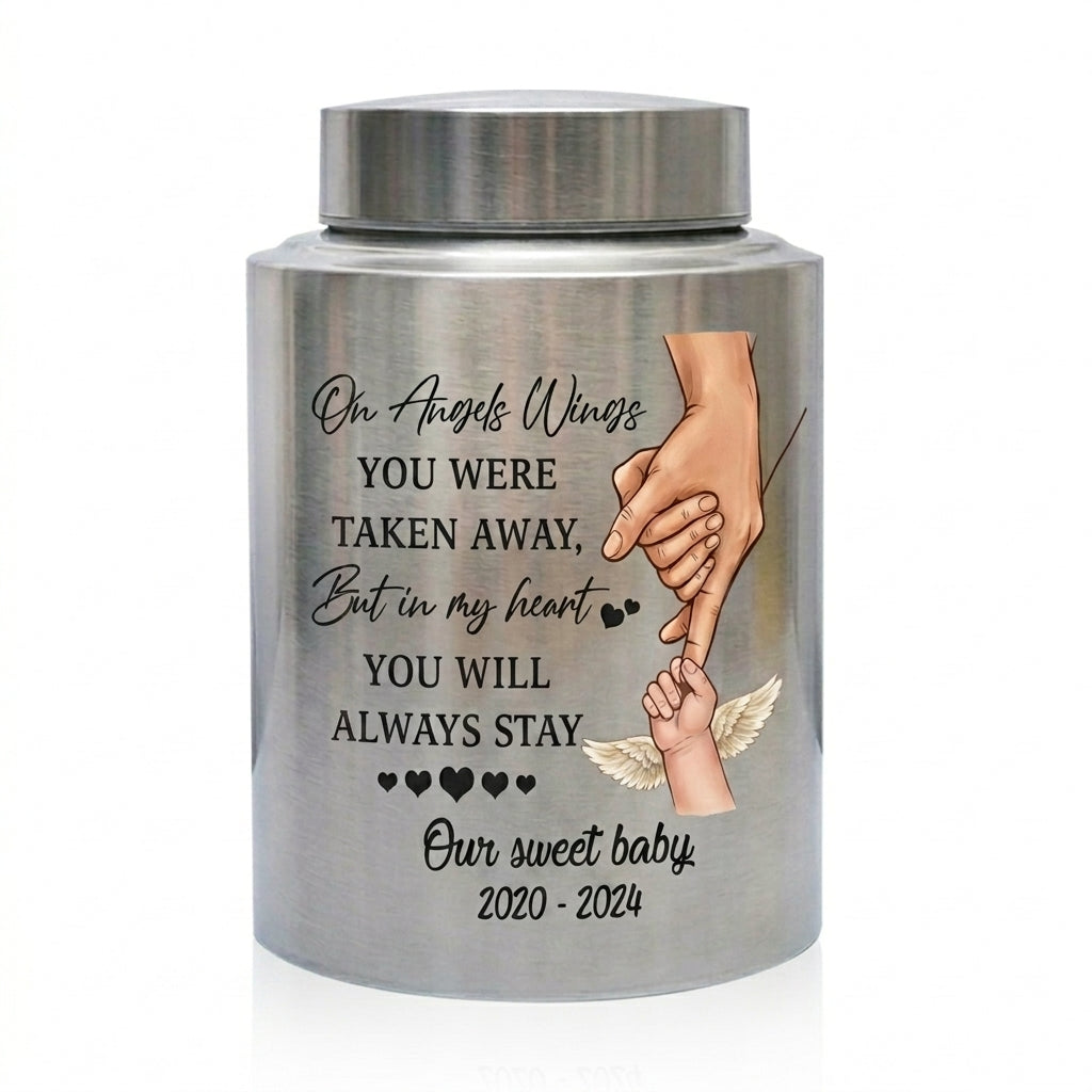 Personalized Baby Angel Wings Hand Infant Loss UV Printed Metal Cremation Ashes Container Child Bereavement Miscarriage Grief Parent Memorial Keepsake Urn, Memorial Gift, In Loving Memory - Image 2