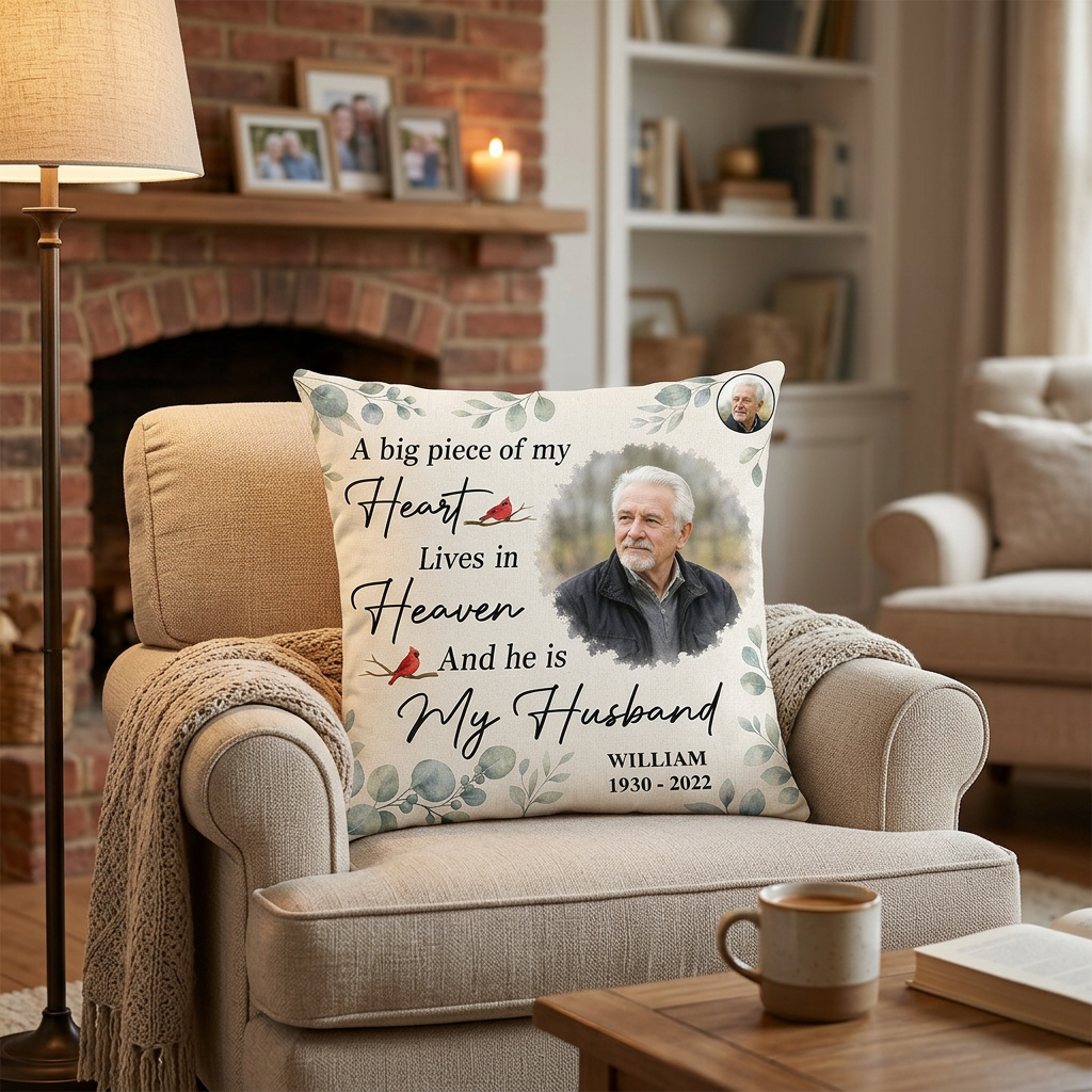 Personalized Memorial Photo Pillow - Big Piece of My Heart Lives in Heaven Husband Gift - Image 2