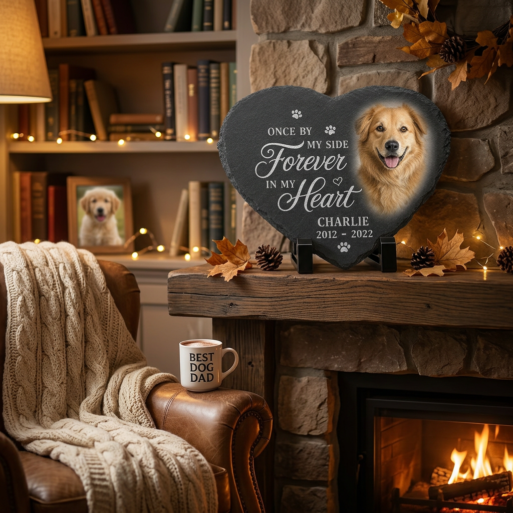 Personalized Heart Shaped Dog Memorial Stone with Photo – Pet Loss Gift - Image 2