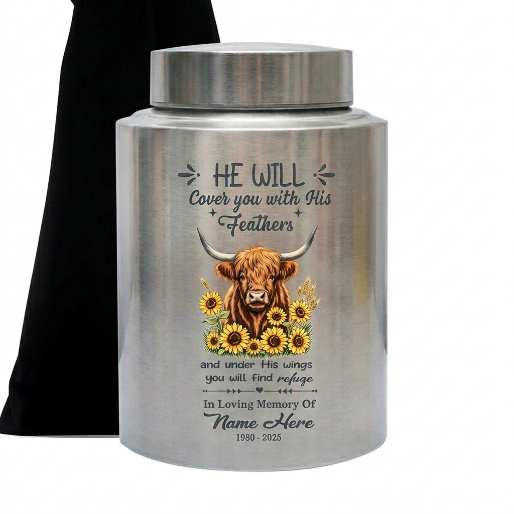 Personalized Highland Cow Christian Bible Verse Stainless Steel Cremation Urn for Human Ashes, Custom Religious Bereavement Sympathy Present, Memorial Keepsake Urn, Memorial Gift, In Loving Memory - Image 2