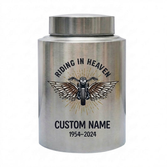 Personalized Motorcycle Cremation Urn Stainless Steel Riding In Heaven Biker Tribute for Dad Husband Two Sizes Black Gold Red Memorial Keepsake Urn, Memorial Gift, In Loving Memory - Image 2