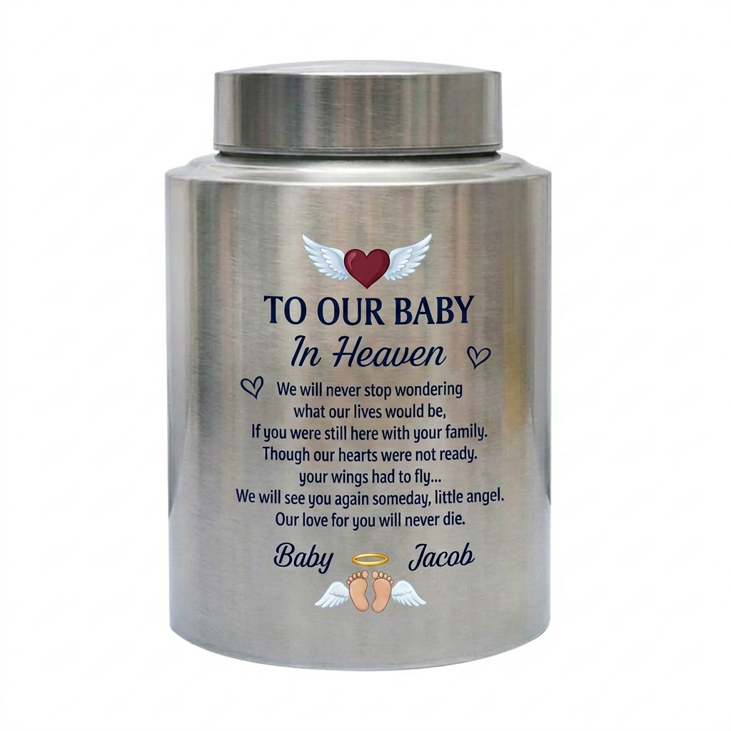 Personalized Infant Footprints Angel Wings Baby Loss Stainless Steel Urn For Grieving Parents Miscarriage Child Remembrance Small Or Large Memorial Keepsake Urn, Memorial Gift, In Loving Memory - Image 2