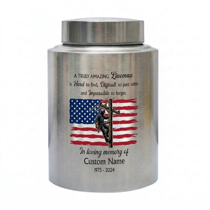 Personalized Lineman Electrician Stainless Steel Urn for Human Ashes Dad Husband Powerline Worker Tribute Custom Name Date UV Print Memorial Keepsake Urn, Memorial Gift, In Loving Memory - Image 2