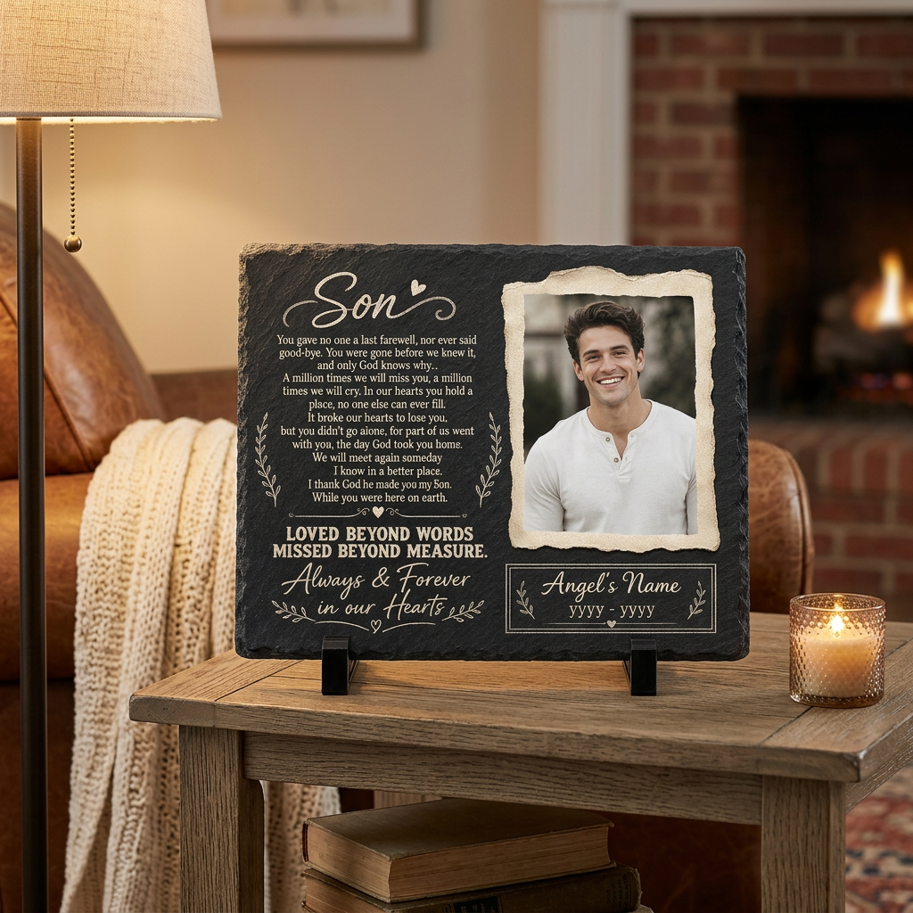 Personalized Son Memorial Garden Stone – Custom Photo Slate Plaque for Loss of Son - Image 2