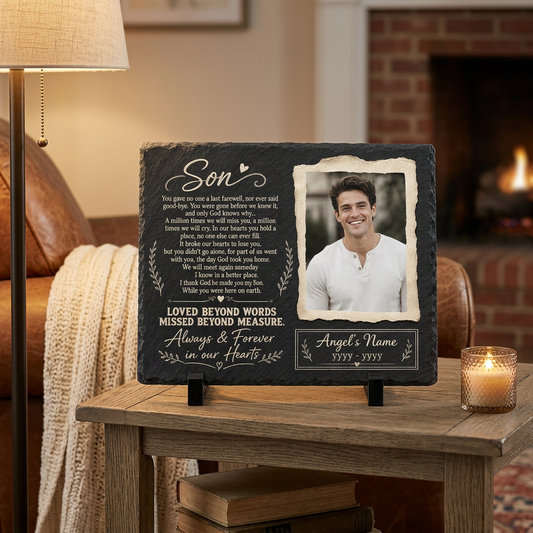 Personalized Son Memorial Garden Stone – Custom Photo Slate Plaque for Loss of Son - Image 2