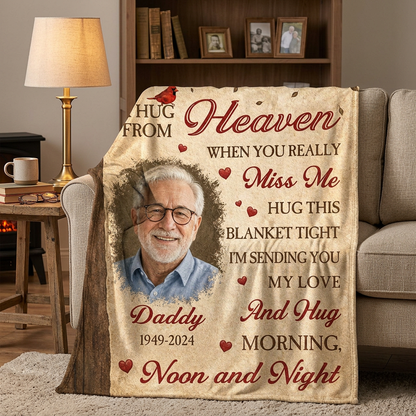 Personalized Memorial Photo Fleece Blanket - A Hug From Heaven Sympathy Gift for Loss of Dad - Image 2