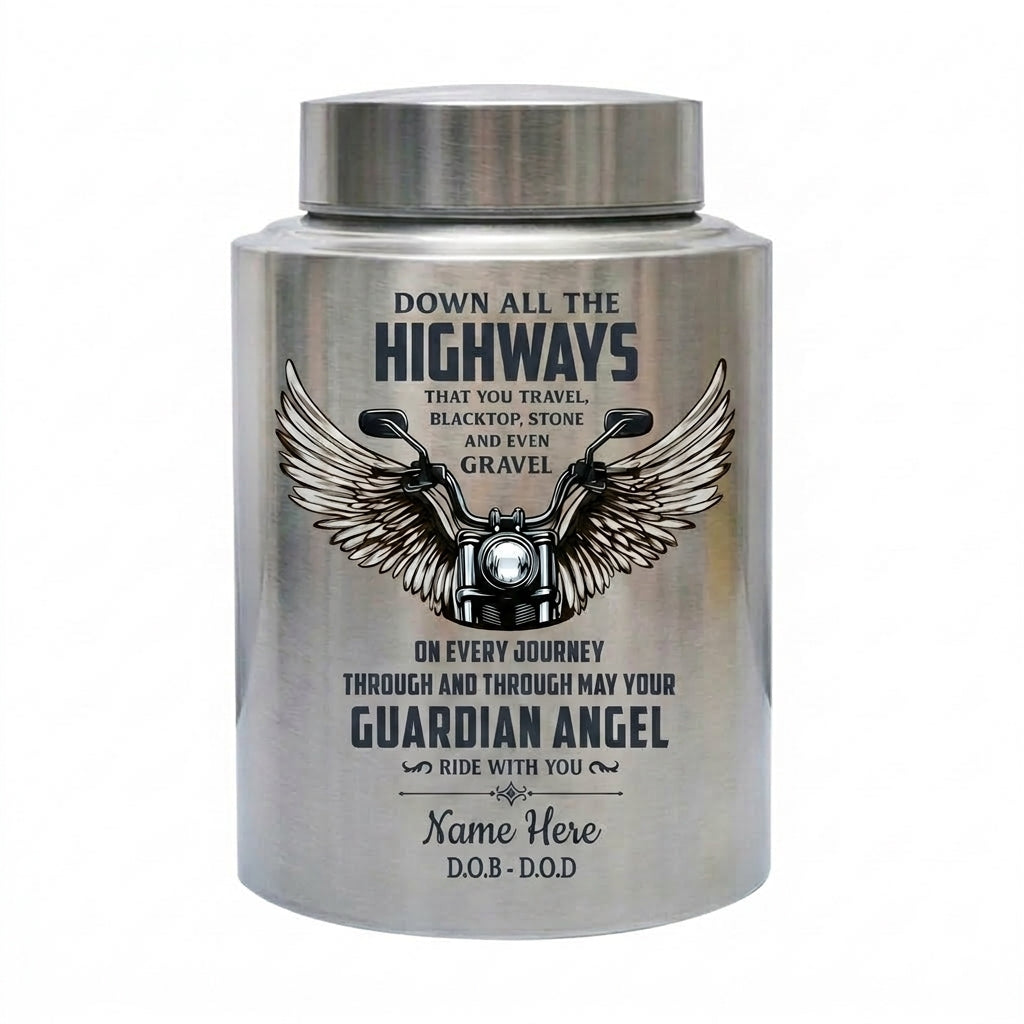 Personalized Motorcycle Riding In Heaven Guardian Angel Stainless Steel Cremation Ash Holder For Adult Male Dad Biker Large UV Print Memorial Keepsake Urn, Memorial Gift, In Loving Memory - Image 2