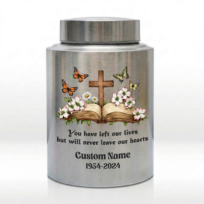 Personalized Christian Cross Bible Floral Urn, Custom Name Date Stainless Steel Adult Ash Container, Bereavement Sympathy Funeral Memorial Keepsake Urn, Memorial Gift, In Loving Memory - Image 2