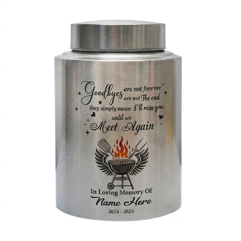 Personalized Custom Grilling Dad BBQ Father Stainless Steel UV Print Loss of Grandpa Goodbyes Are Not Forever Quote Large Small Memorial Keepsake Urn, Memorial Gift, In Loving Memory - Image 2