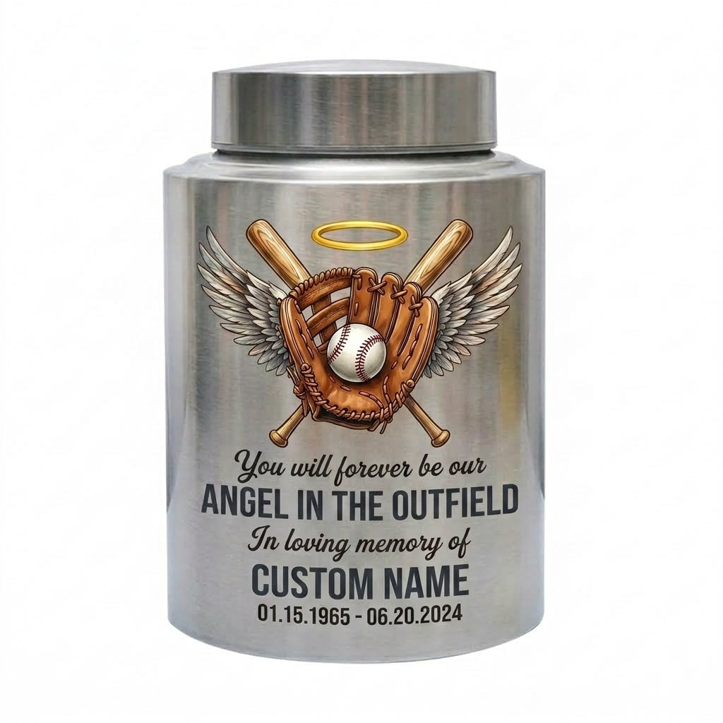 Personalized Baseball Angel Wings Large Stainless Steel Cremation Urn for Human Ashes, Sports Fan Funeral Tribute Display Vessel, Memorial Keepsake Urn, Memorial Gift, In Loving Memory - Image 2