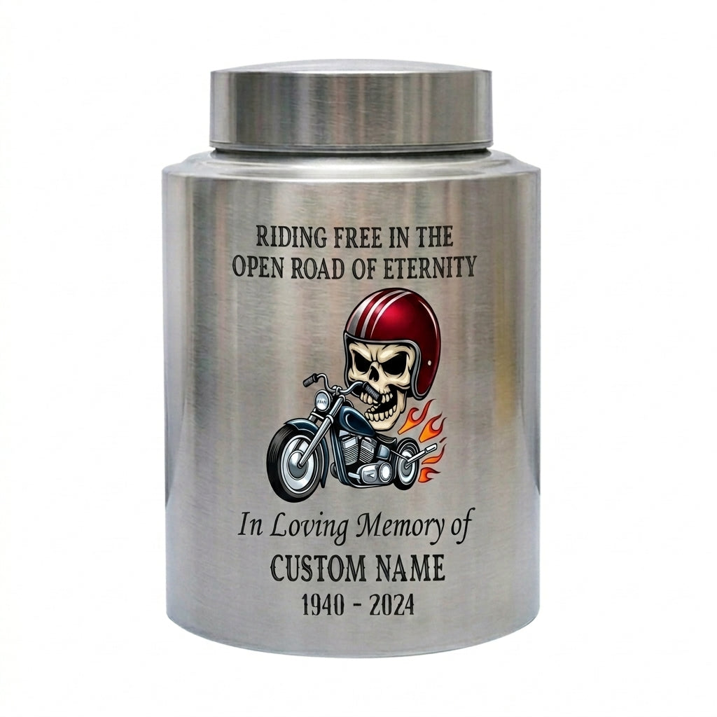 Personalized Motorcycle Stainless Steel Urns for Human Ashes Dad Husband Men Riding Free Biker Tribute UV Printed Large Small Sizes Memorial Keepsake Urn, Memorial Gift, In Loving Memory - Image 2