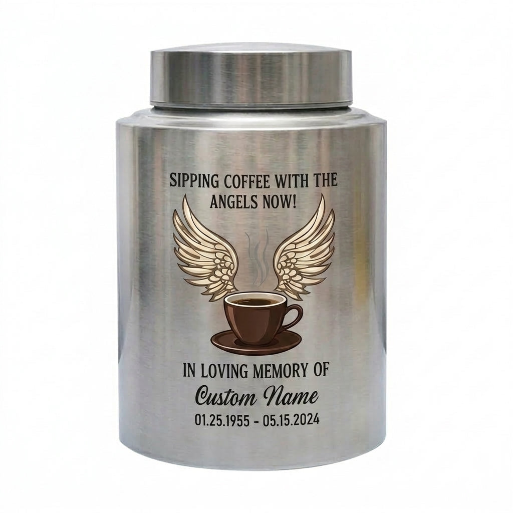 Personalized Coffee Theme Stainless Steel Cremation Urn for Ashes, Custom Name and Date Tribute for Coffee Lover, Large Size Options, Memorial Keepsake Urn, Memorial Gift, In Loving Memory - Image 2