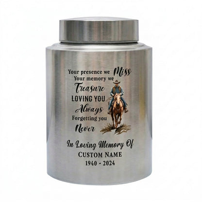 Personalized Cowboy Riding Horse Boots Hat Cross Stainless Steel Cremation Urn For Adult Human Ashes Funeral Remembrance Sympathy Memorial Keepsake Urn, Memorial Gift, In Loving Memory - Image 2