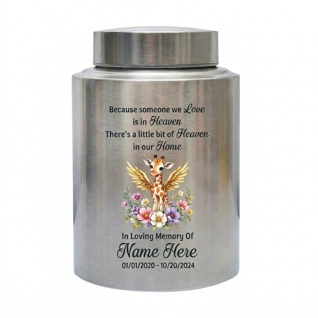 Personalized Giraffe Angel Wings Baby Loss Stainless Steel Infant Child Cremation Ashes Container Nursery Bereavement Display 5.9in 7.5in Memorial Keepsake Urn, Memorial Gift, In Loving Memory - Image 2