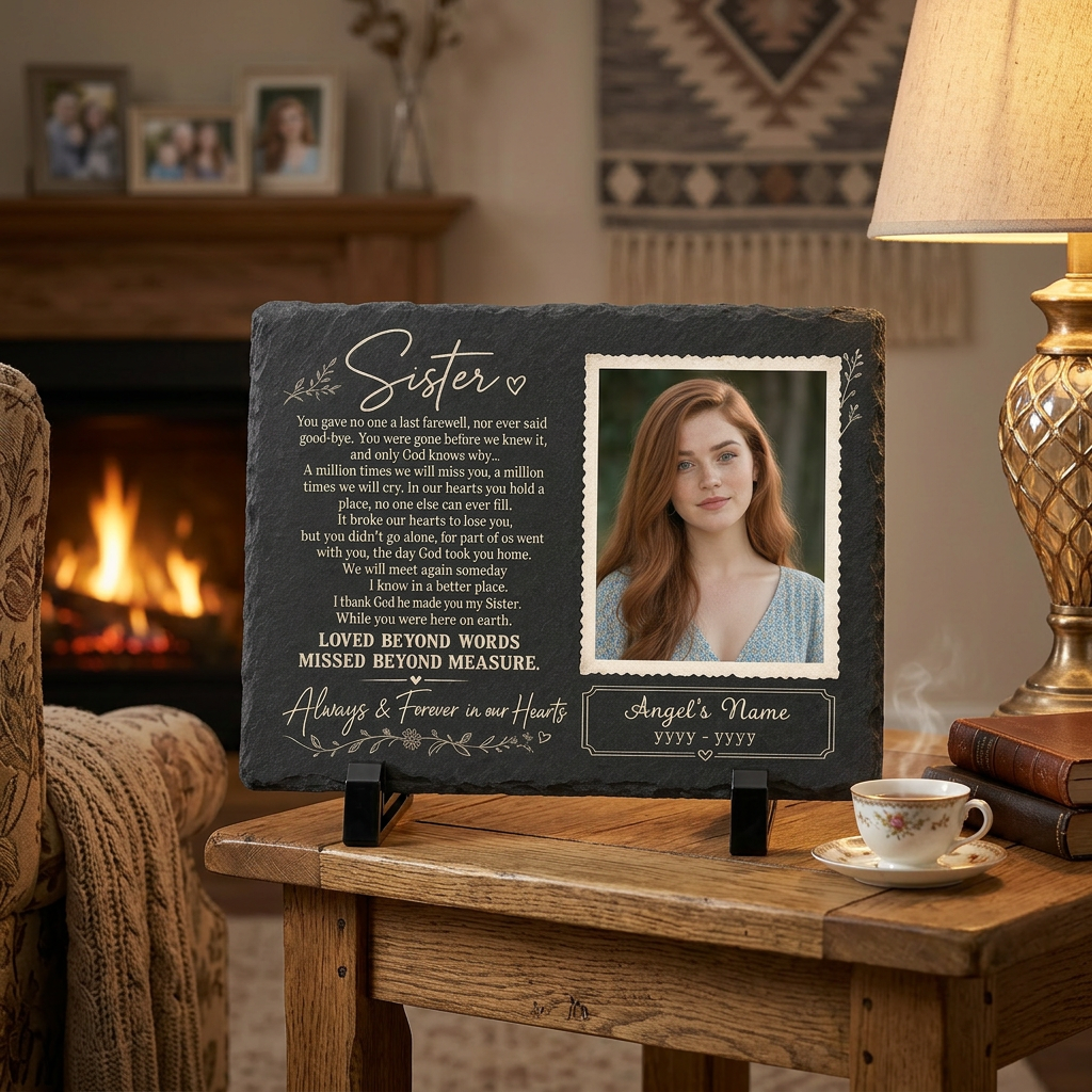Personalized Sister Memorial Garden Stone – Photo Slate Plaque Gift for Loss of Sister - Image 2
