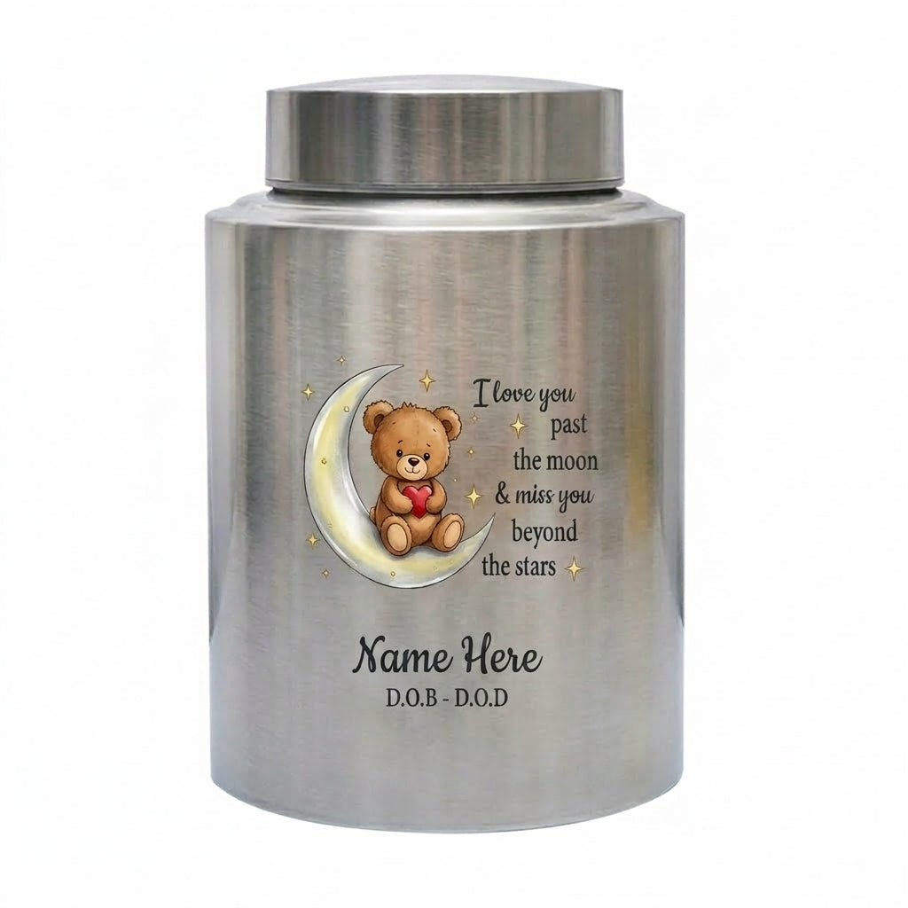Personalized Teddy Bear Crescent Moon Stars Baby Loss Stainless Steel Urn Infant Child Bereavement Custom Two Sizes Parents Family Memorial Keepsake Urn, Memorial Gift, In Loving Memory - Image 2