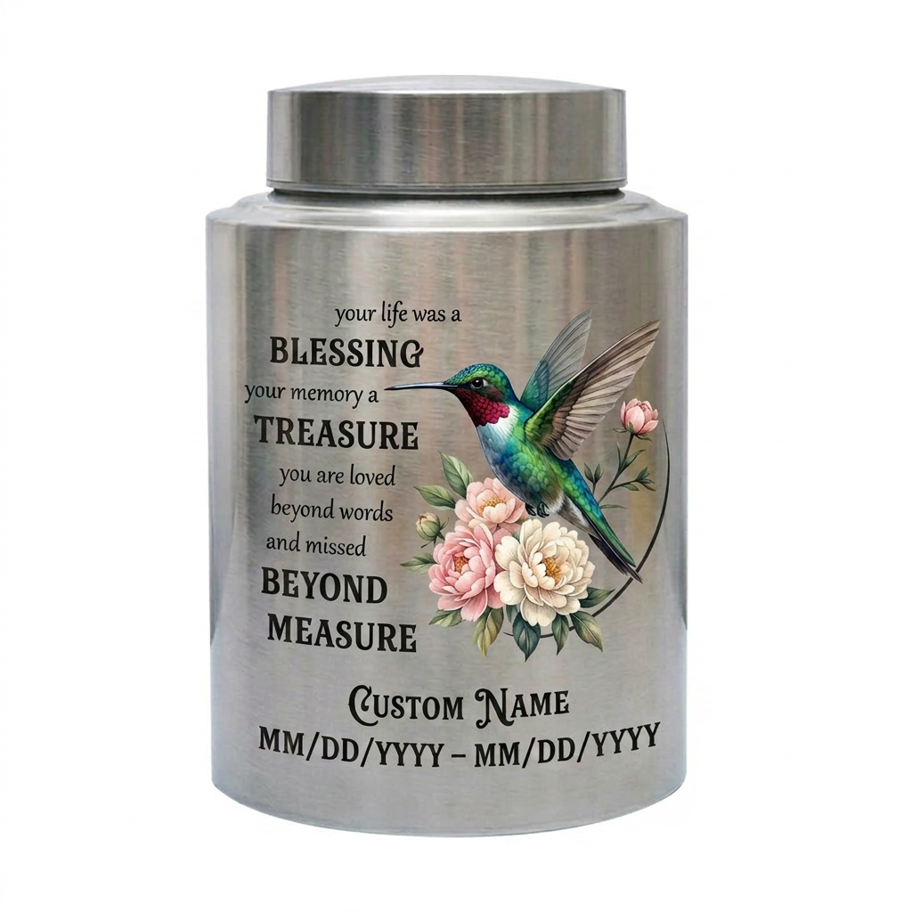 Personalized Hummingbird Stainless Steel Cremation Urn For Human Ashes Custom Name And Date Loss Of Loved One Sympathy Condolence Bereavement Memorial Keepsake Urn, Memorial Gift, In Loving Memory - Image 2