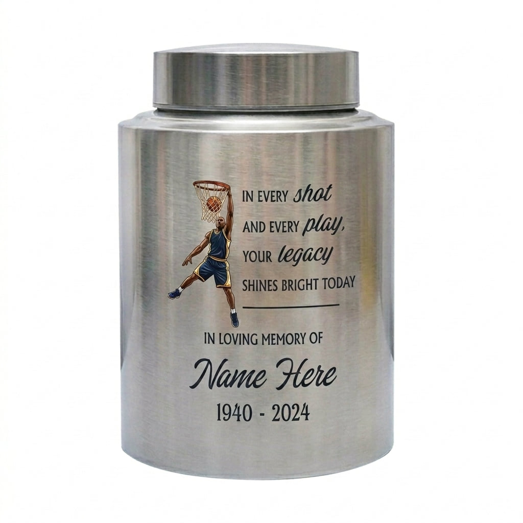 Personalized Basketball Stainless Steel Urn for Sports Fan Athlete Coach, Decorative Funeral Display Large Small Silver Black Gold Red Memorial Keepsake Urn, Memorial Gift, In Loving Memory - Image 2