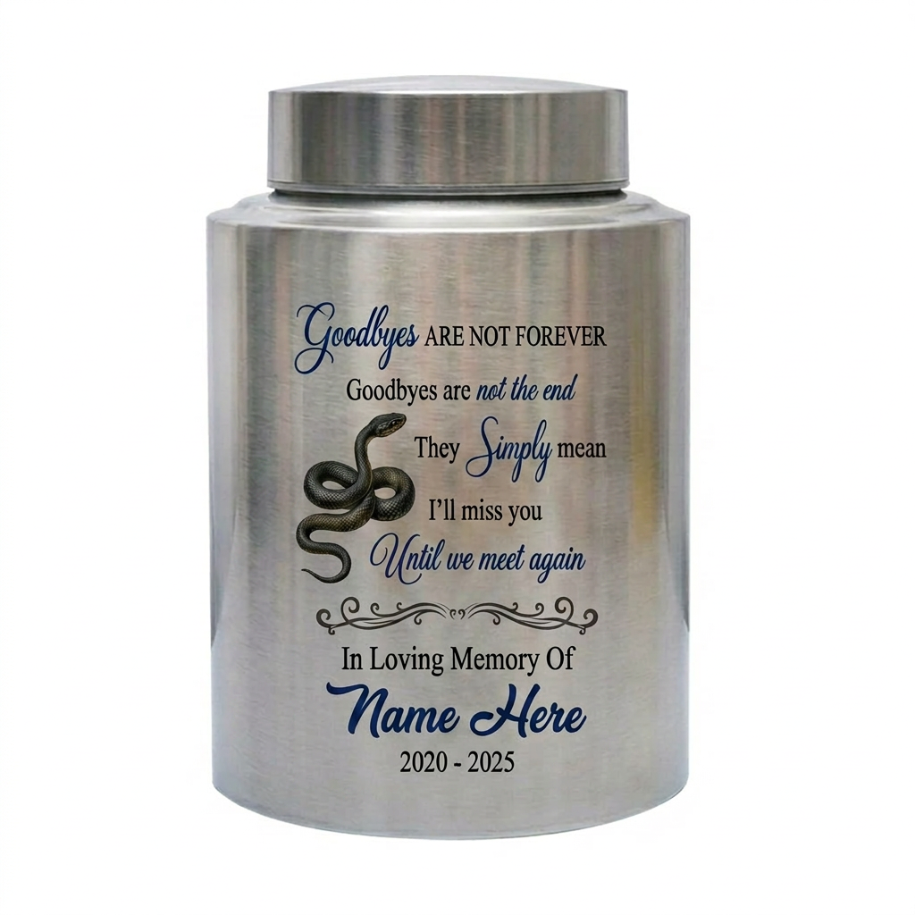 Personalized Coiled Snake Cremation Urn Goodbyes Are Not Forever UV Printed Stainless Steel Reptile Lover Human Ashes Large Small Memorial Keepsake Urn, Memorial Gift, In Loving Memory - Image 2