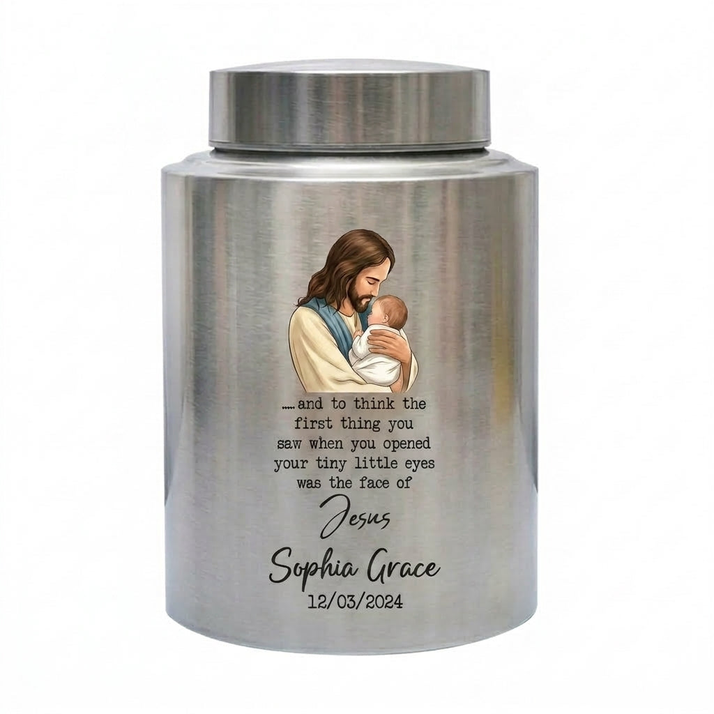 Personalized Baby of Jesus Infant Loss UV Printed Stainless Steel Urn for Child Boy Girl Miscarriage Bereavement Large Two Sizes Memorial Keepsake Urn, Memorial Gift, In Loving Memory - Image 2