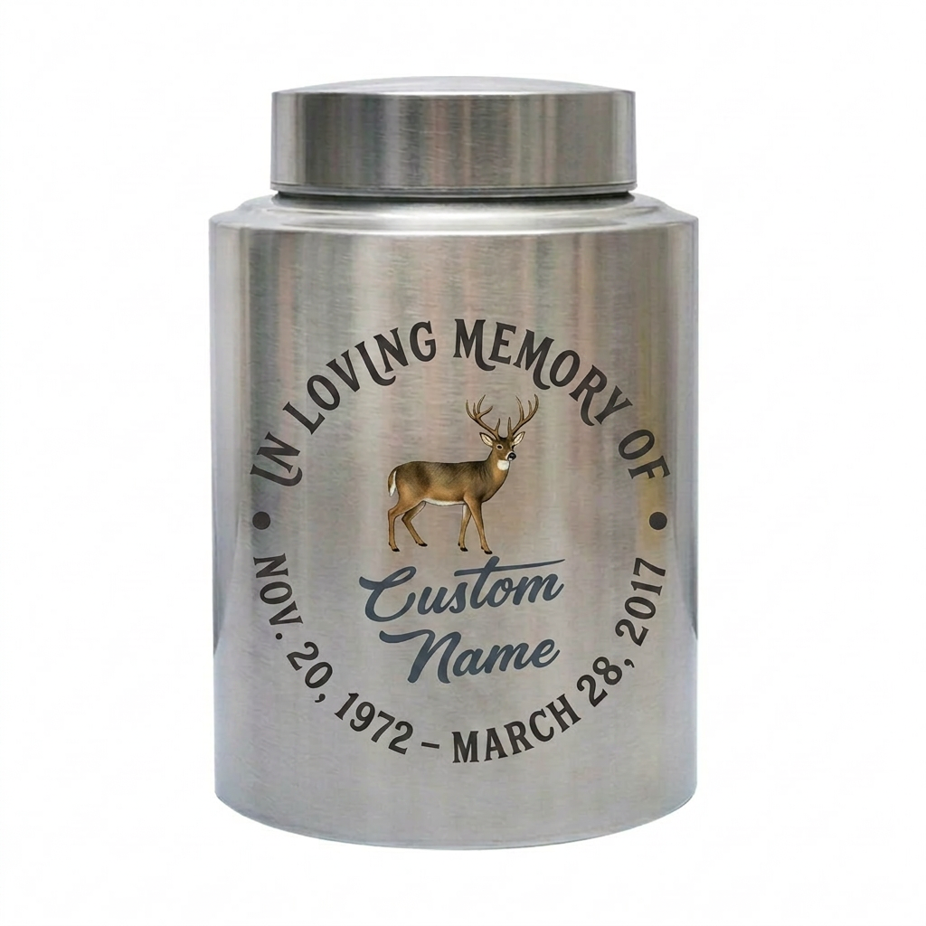 Personalized Deer Hunting UV Printed Stainless Steel Urn for Adult Human Ashes, Sympathy Bereavement Present for Hunters Outdoorsmen, Memorial Keepsake Urn, Memorial Gift, In Loving Memory - Image 2