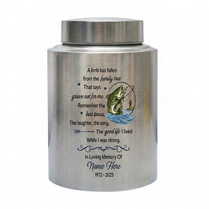 Personalized Bass Fishing Fisherman Stainless Steel Cremation Ash Container, A Limb Has Fallen Family Tree Poem for Father Grandfather, Memorial Keepsake Urn, Memorial Gift, In Loving Memory - Image 2