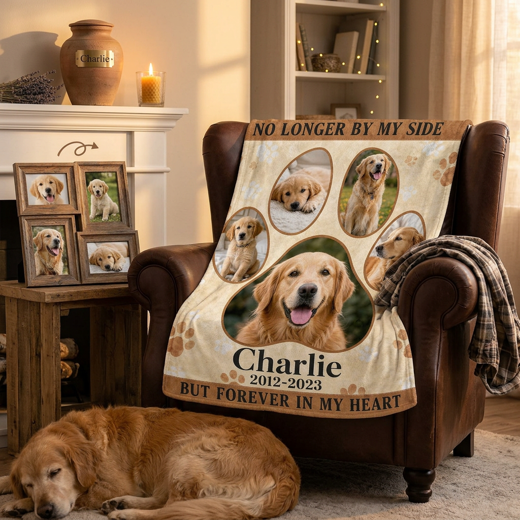 Personalized Pet Memorial Photo Fleece Blanket for Dog Loss - Paw Print Keepsake Gift - Image 2