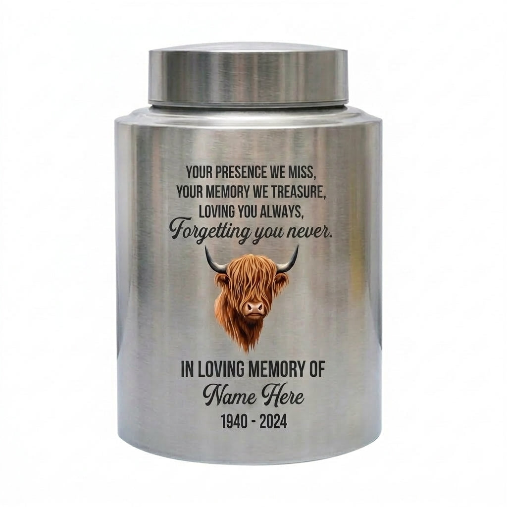 Personalized Highland Cow Stainless Steel Urn for Human Ashes, Sympathy Loss of Loved One Bereavement, Adult Ash Container 5.9in 7.5in, Memorial Keepsake Urn, Memorial Gift, In Loving Memory - Image 2