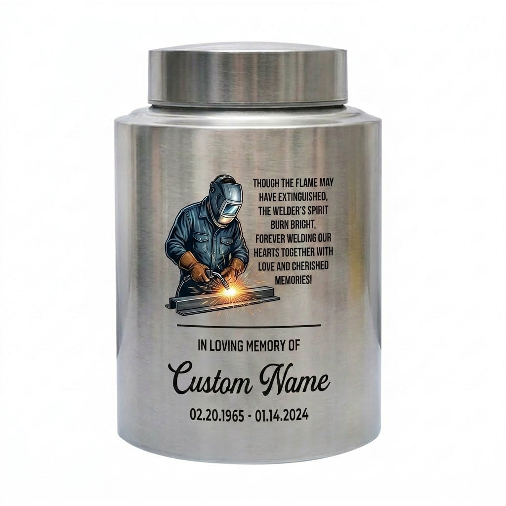 Personalized Welder Theme Stainless Steel UV Print Cremation Ashes Holder for Loss of Husband Father Colleague Sympathy Bereavement Memorial Keepsake Urn, Memorial Gift, In Loving Memory - Image 2