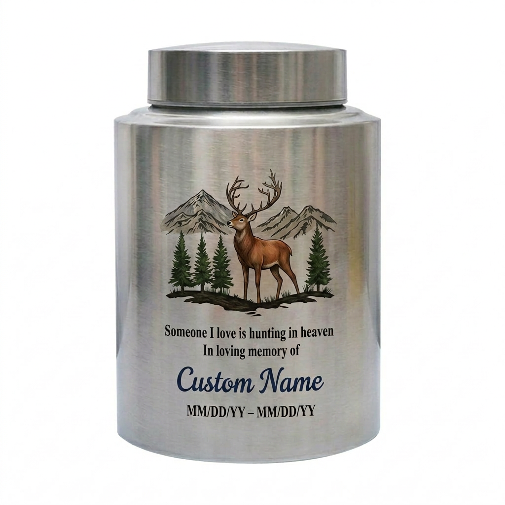 Personalized Hunting In Heaven Deer Stainless Steel Cremation Urn For Adult Ashes, Hunter Tribute, Loss Of Dad Grandpa Husband, Two Sizes, Memorial Keepsake Urn, Memorial Gift, In Loving Memory - Image 2
