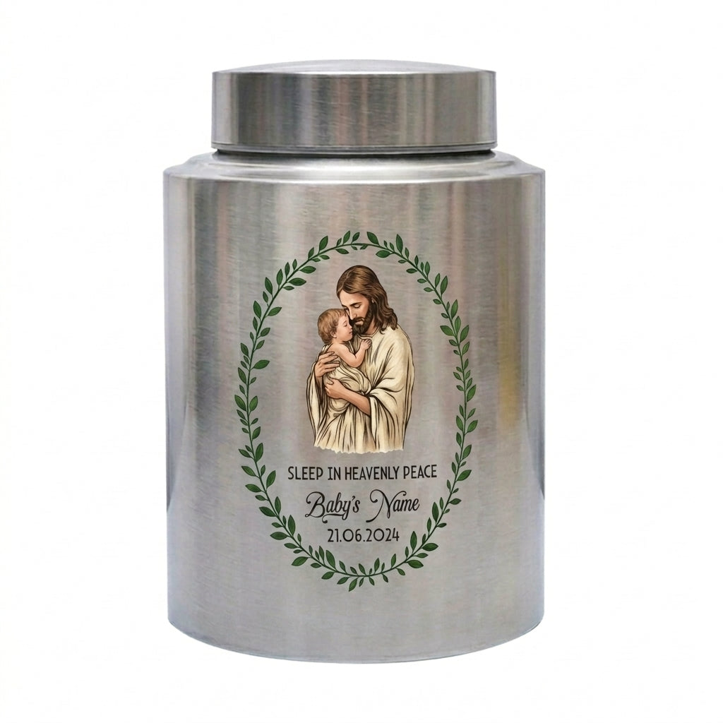 Personalized Jesus Cradling Angel Baby Stainless Steel Cremation Urn for Human Ashes, Sleep In Heavenly Peace Child Loss Grief Support Decor, Memorial Keepsake Urn, Memorial Gift, In Loving Memory - Image 2