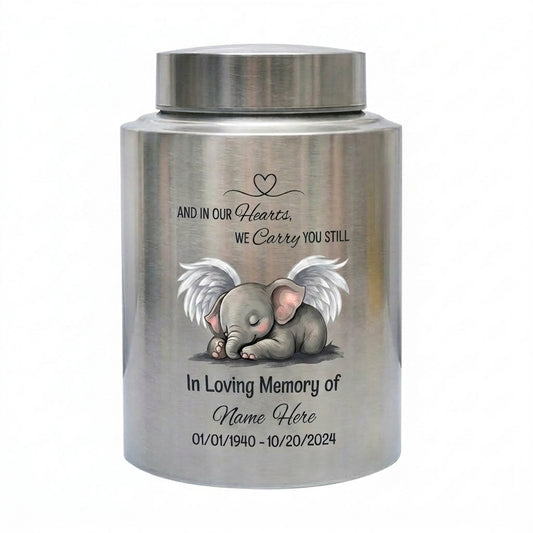 Personalized Baby Elephant Heart UV Printed Stainless Steel Infant Child Loss Bereavement And In Our Hearts We Carry You Still Quote Memorial Keepsake Urn, Memorial Gift, In Loving Memory - Image 2