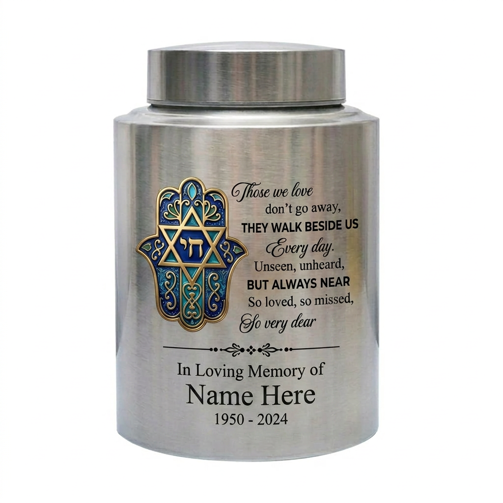 Personalized Jewish Star of David Hamsa Hand Chai Tree of Life Stainless Steel Bereavement Sympathy Silver Black Gold Red 2 Sizes Memorial Keepsake Urn, Memorial Gift, In Loving Memory - Image 2